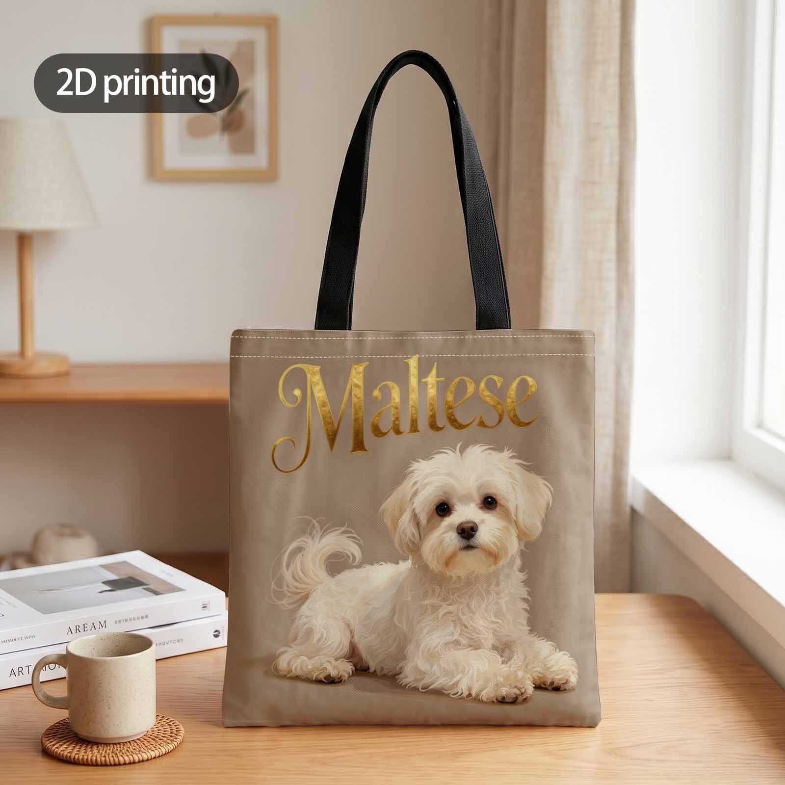 TEMU 2d Printing Tote Bag With Cute Maltese Portrait Pattern, Suitable For Shopping, Office, Vacation, Daily Commute, And Travel, Ideal Gift For