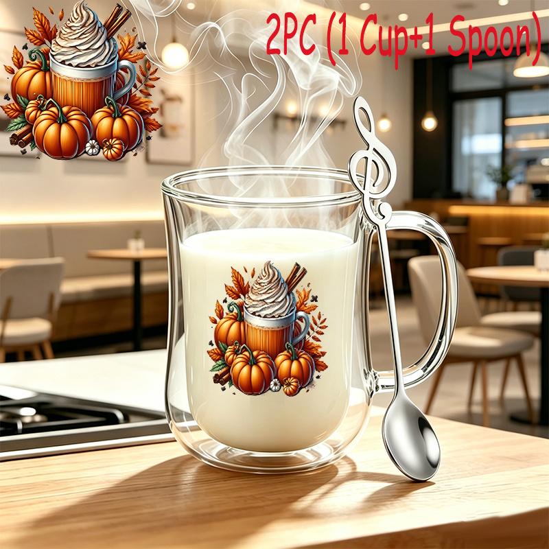 TEMU 2pcs (1 Glass Cup And 1 Spoon), Fall Thanksgiving Day Autumn Insulated Double-walled Borosilicate Reusable Water Cup With Handle, Large Capacity