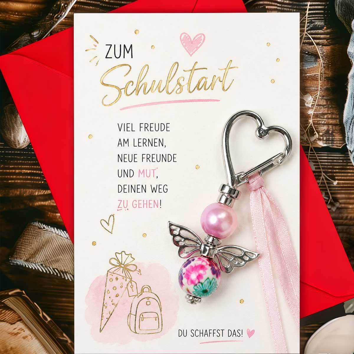 TEMU . Exquisite schöne Einschulungs-Gedenk-Grußkarte, mit einem rosa thematischen Design mit herzförmigen Ornamenten, einem Schulranzen einer