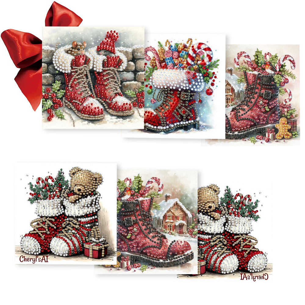 TEMU 6pcs Set 15.0x30.0cm / 5.9x11.81 Inches Diy Diamond Painting Vintage Christmas Bear With Boots Design Greeting Card Invitation, Colored Painting