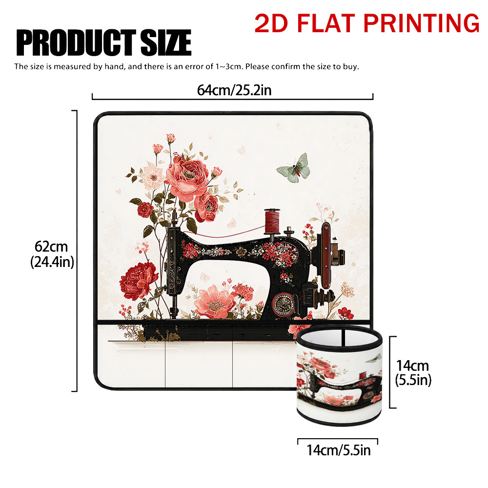 TEMU 2d Flat Vintage Sewing Machine Roses Printed Flat Sewing Machine Pad (with Small Cylinder) With Organizer Pockets, Vibration Dampening Desk Mat,