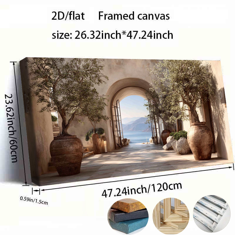 TEMU 2D Plat, 2D Plat, 1pc 2D/Plat Mesurant 23*47 Pouces ou 60Cm*120Cm, avec une œuvre d'art sur toile encadrée d'un design d' méditerranéenne, idéal