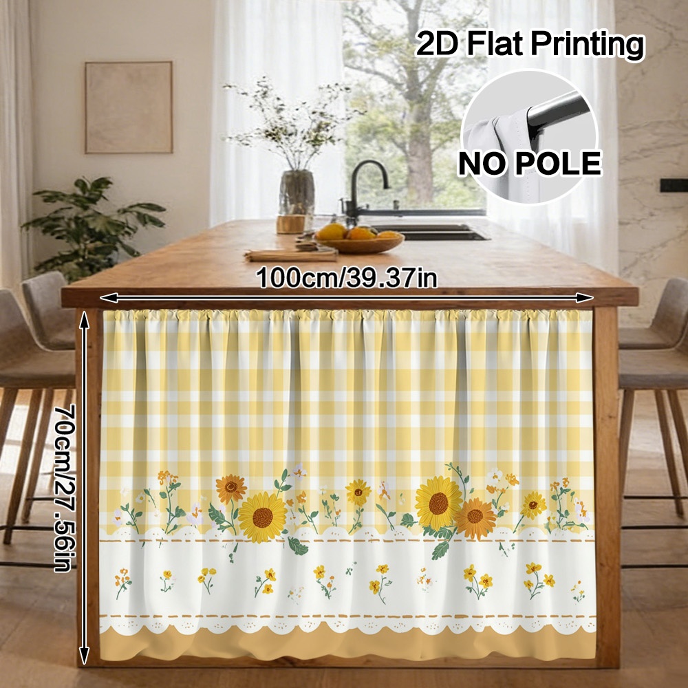 TEMU 2d Flat - 2d Flat - Decorative Curtain For Kitchen Cabinets In A 2d Flat Design, Featuring A Yellow Gingham Pattern With A Sunflower Border. It
