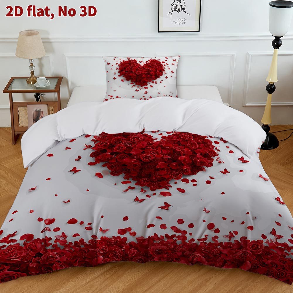 Image of Cotton 2d Flat Duvet Cover Set With Heart-shaped Rose And Design, Includes 1 Quilt Cover And 1 Pillowcases. This Bedding Is Skin-friendly, Comfortable, And Breathable, Perfect For Spring And Summer