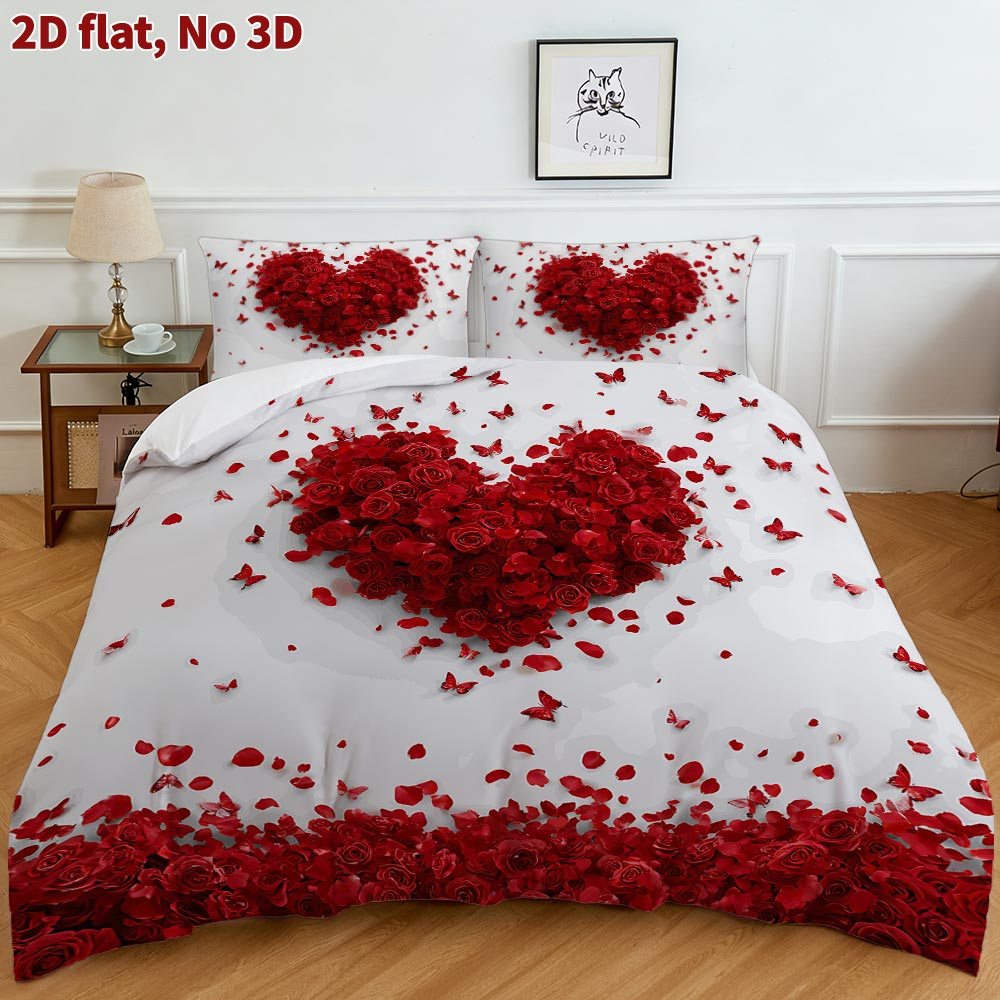 Image of Cotton 2d Flat Duvet Cover Set With Heart-shaped Rose And Design, Includes 1 Quilt Cover And 1 Pillowcases. This Bedding Is Skin-friendly, Comfortable, And Breathable, Perfect For Spring And Summer