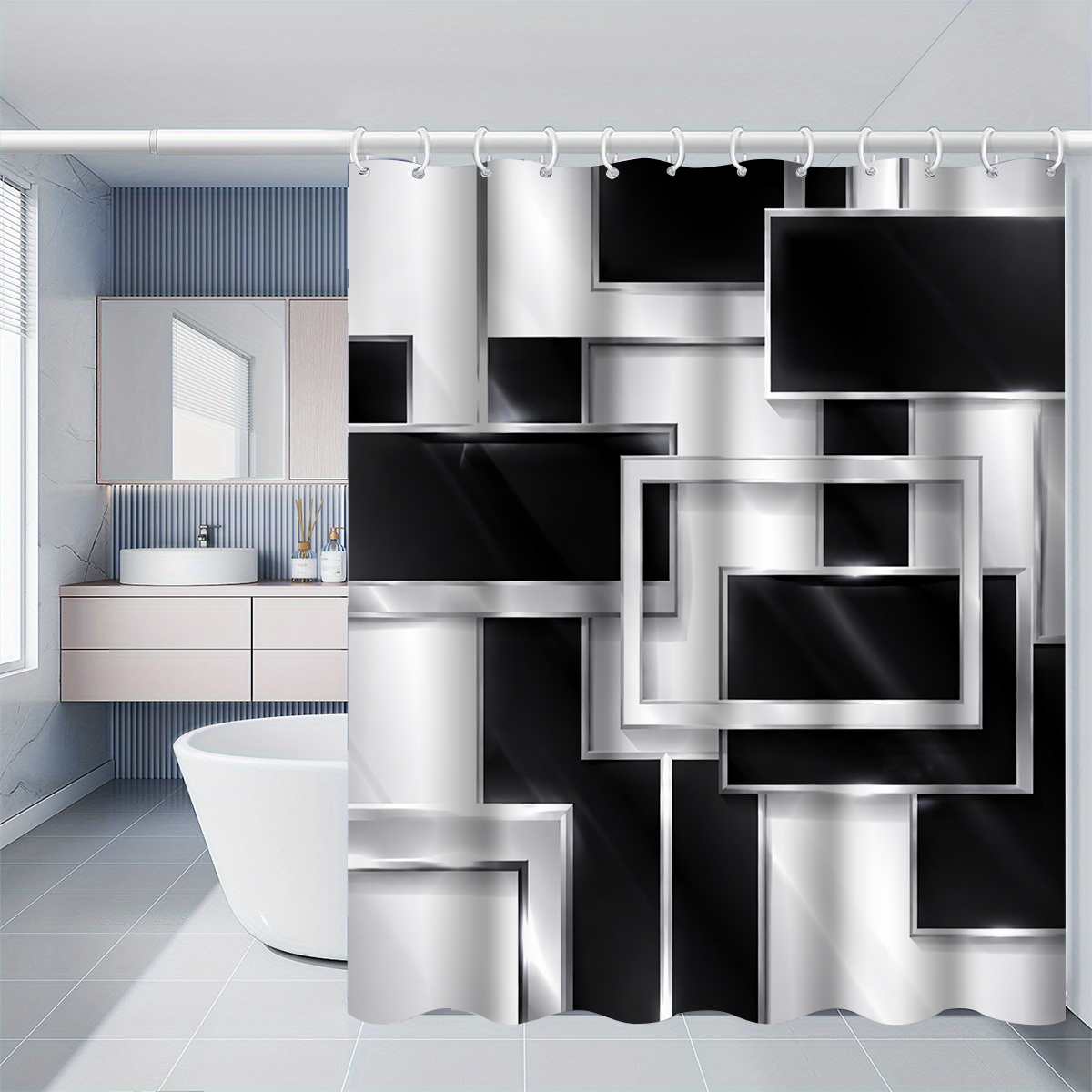 TEMU 1pc Geometric Frame Shower Curtain, Bathroom Decor, Options (120x180cm, 150x180cm, 180x180cm, 180x200cm, 240x200cm), Includes Hooks, Bathroom