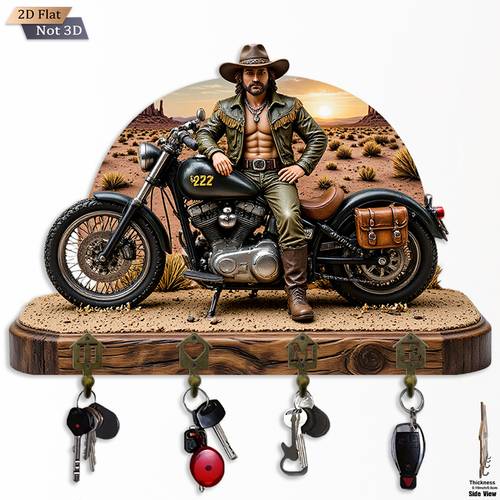 item picture 2d flat 1pc retro western cowboy motorcycle scene key hook wooden multifunctional decorative key holder with four metal hooks wall decoration room decoration home decoration 11 8 x 9 inches christmas ornaments