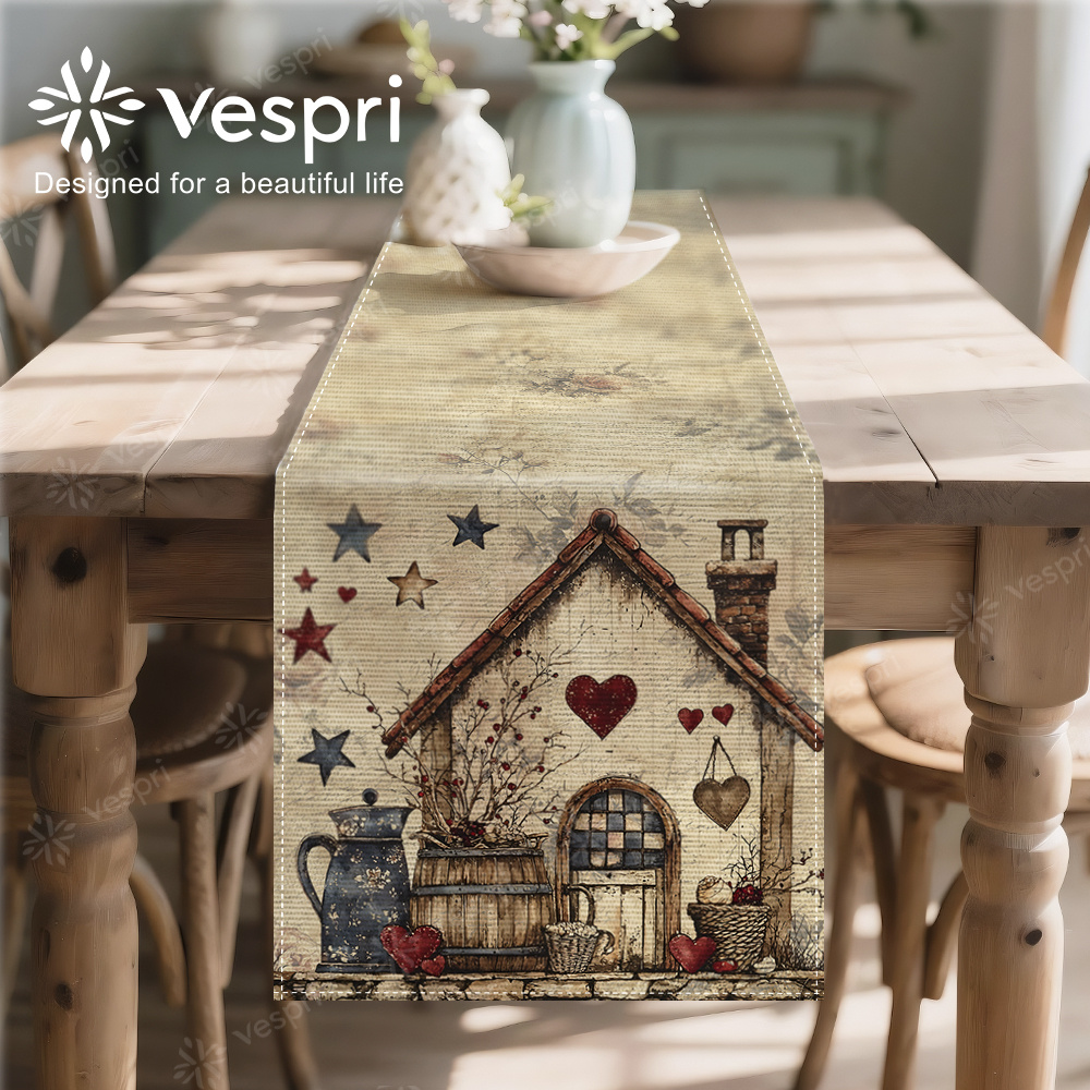 TEMU Spring Tablecloth, Decorated In Rice And Brown, Featuring Patterns Of Houses, Stars, And Hearts, Perfect For A Cozy Country Home Decor,