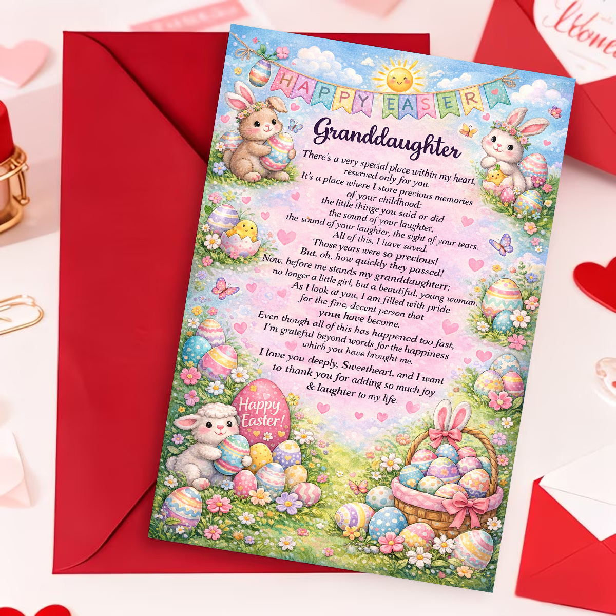 TEMU 1pc Easter Card For Granddaughter Cute Bunny And Eggs Spring Floral Pastel Greeting With Poem Gift For