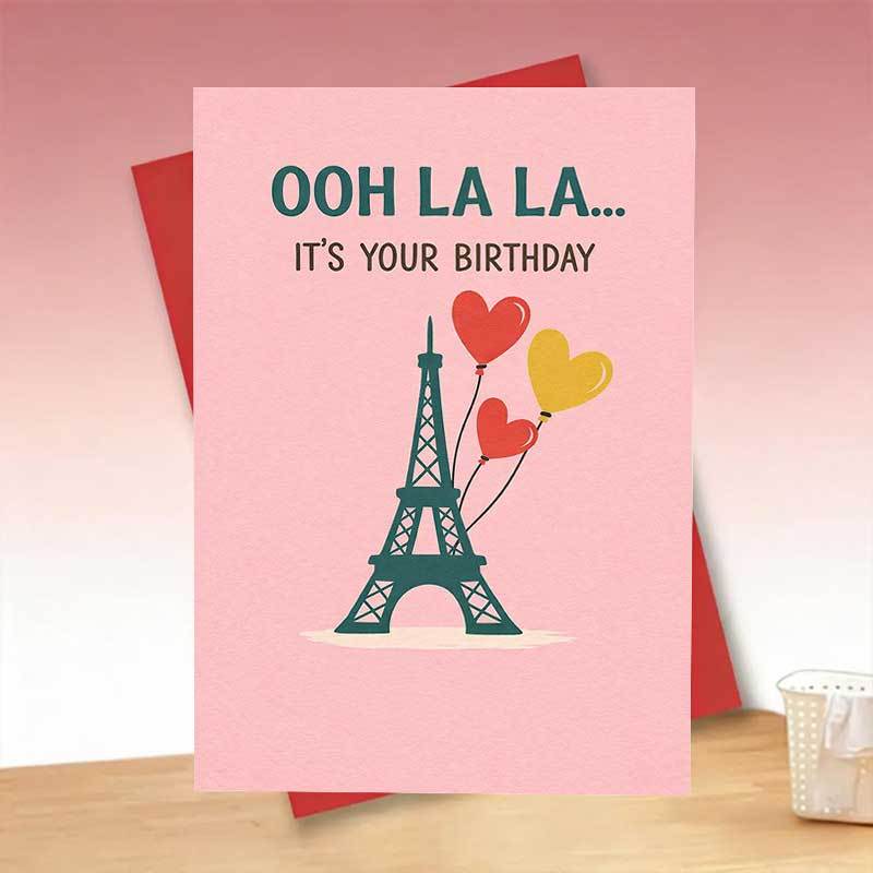 TEMU 1pc Ooh La La Heart Balloons Birthday Card Greeting Card With Envelope, Paris Themed , Elegant Design For Celebration, Lovely Illustration Gift