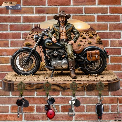 2d flat 1pc retro western cowboy motorcycle scene key hook wooden multifunctional decorative key holder with four metal hooks wall decoration room decoration home decoration 11 8 x 9 inches christmas ornaments