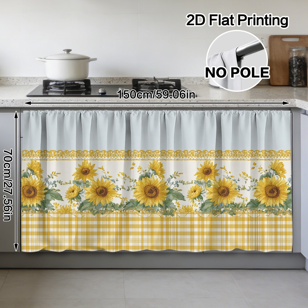 TEMU 2d Flat - 2d Flat - Short Curtain For Kitchen Storage Cabinet Featuring A Yellow Gingham Pattern With Sunflower Borders, Designed For Rod Pocket