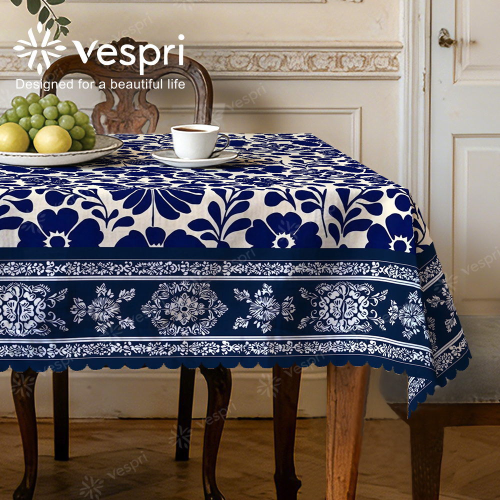 TEMU Spring Tablecloth, Blue White Decor, Floral And Geometric Pattern, Rustic Home Decor, Must-have For Western Homes, Oval Shape, Spring Summer
