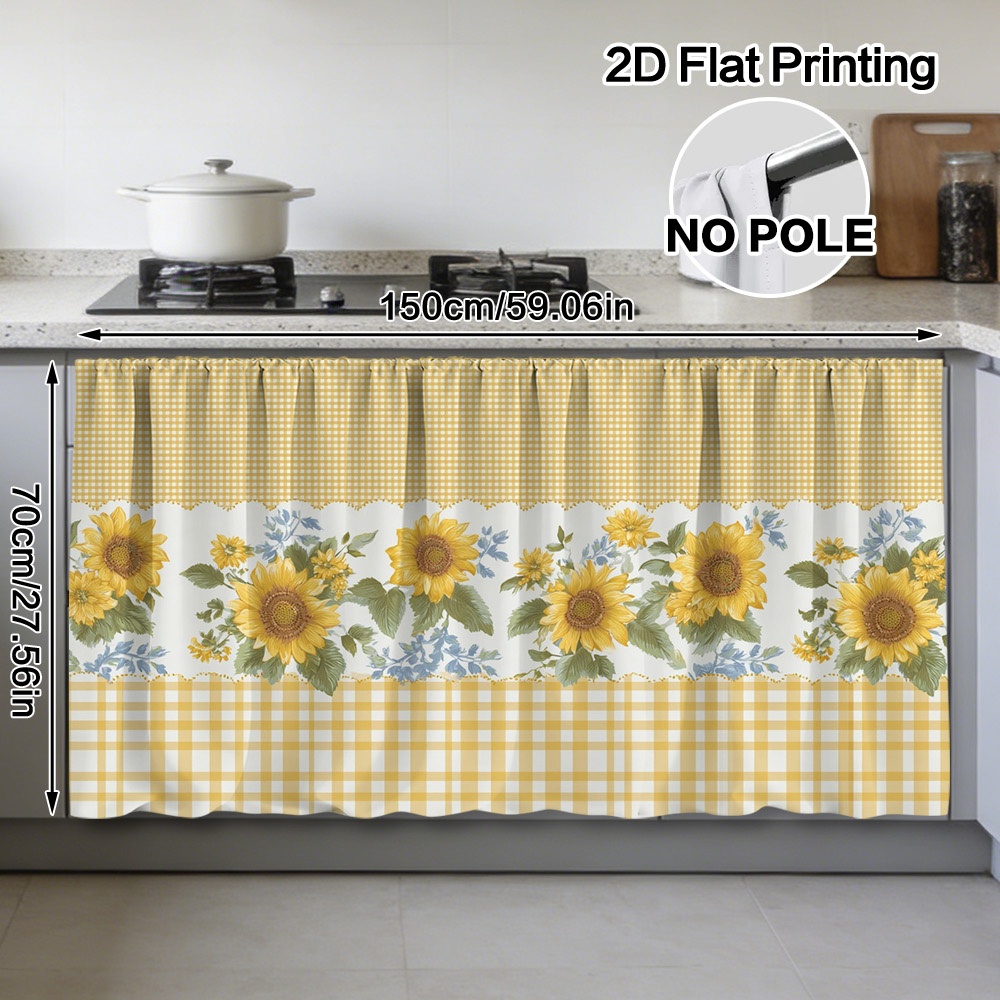 TEMU 2d Flat, Yellow Gingham Kitchen Cabinet Curtain Panel - Semi-sheer Short Window Curtain With Rod Pocket, Pocket Suitable For Sink Window Blinds,