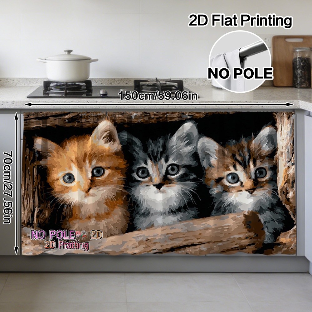 TEMU per Armadietto Cucina 2D Piatta, Motivo Tre Gattini, per , Facile da Lavare, Tessuto in Poliestere, Copertura Decorativa per Scaffale Cucina, 2D