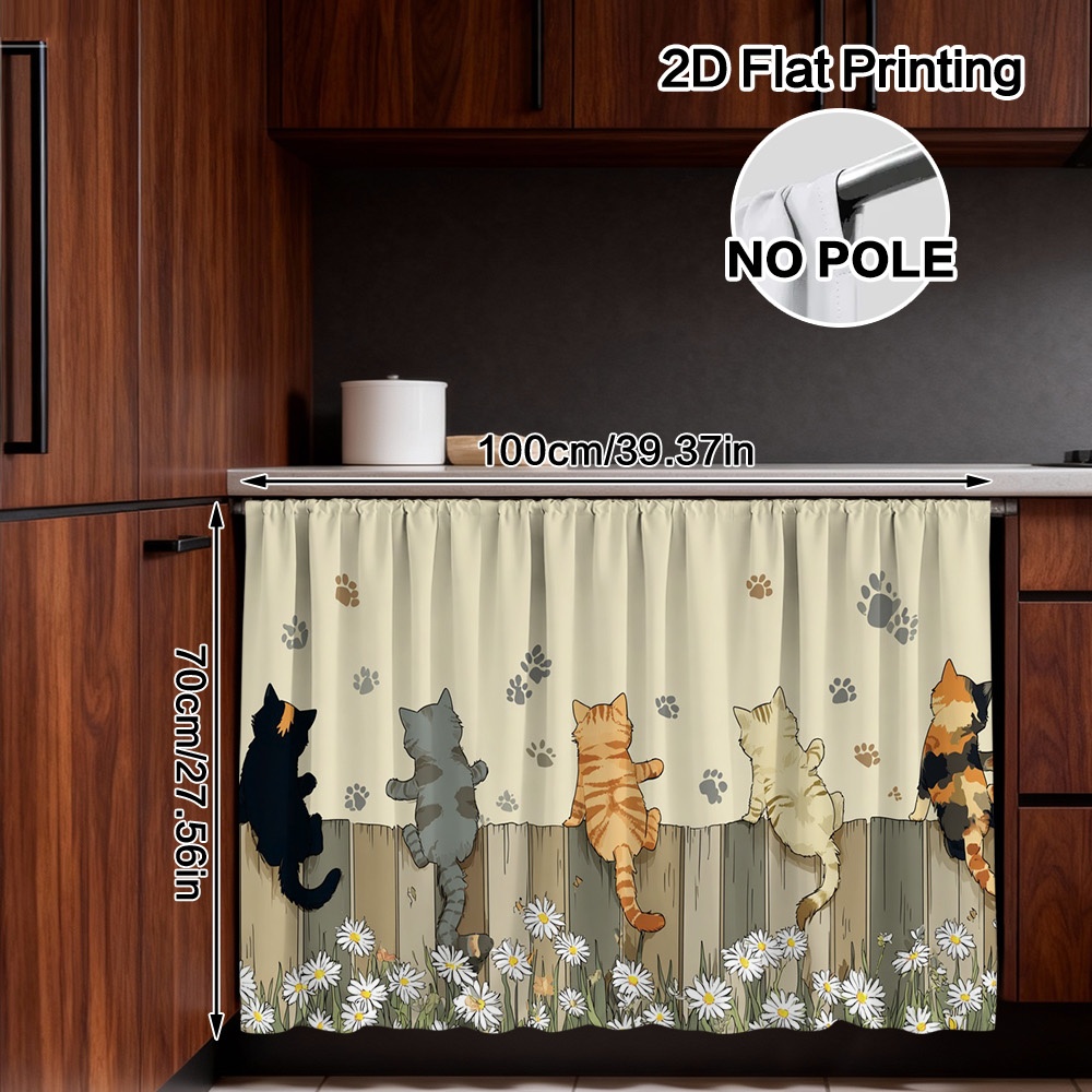TEMU 2d Flat, Cabinet Curtain - Kitchen, Bathroom, Living Room Decor - Rod - Machine Washable Polyester Window - For Cabinets, Sink Base - Cats On