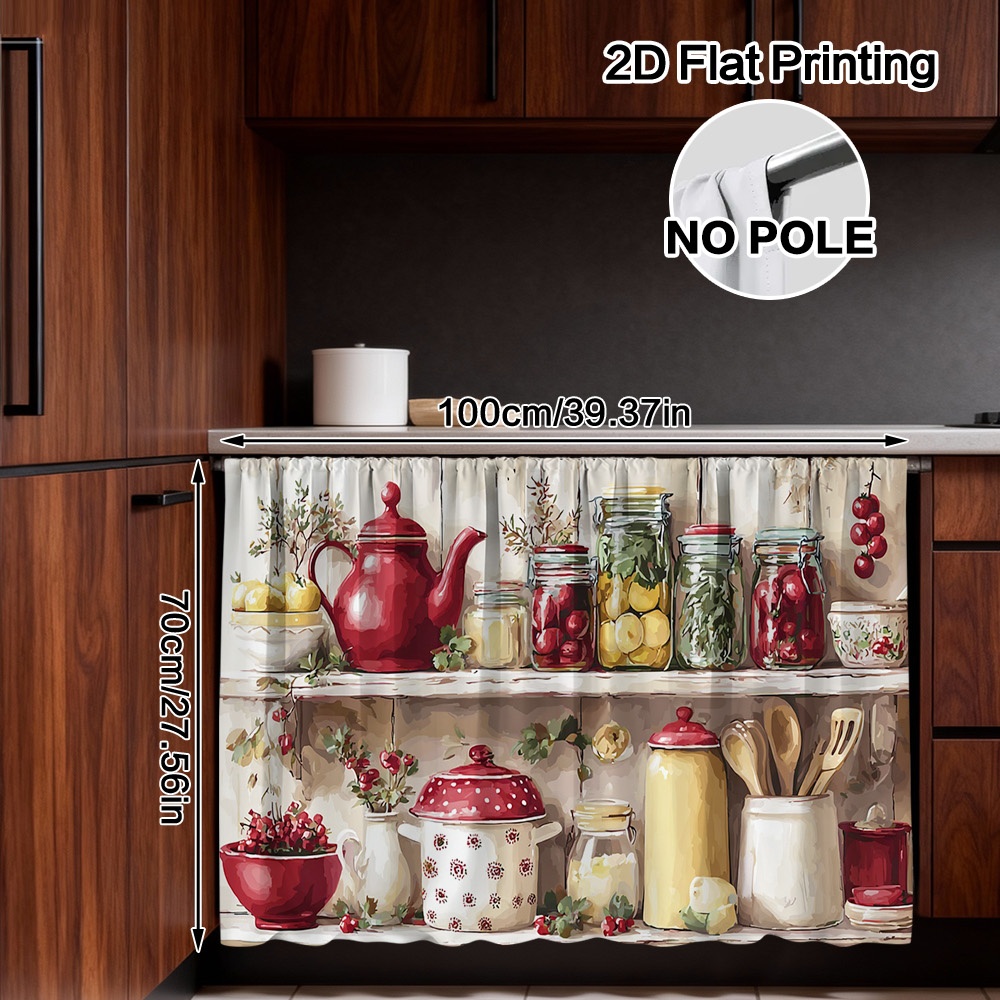 TEMU 2d Flat - 2d Flat - 1pc 2d Flat Kitchen Sink Short Curtain | Rustic Kitchen Jars Teapot Pattern, Polyester Material, Semi-sheer, Easy To Clean,