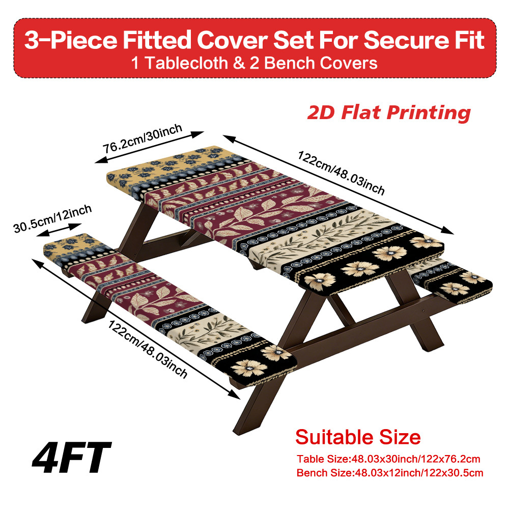 2D Flat A Set of 3 Outdoor Picnic Tables and Benches with Elegant Floral Stripes | Durable Polyester, Elastic Fit, Perfect for Camping, Patios, and Gardens