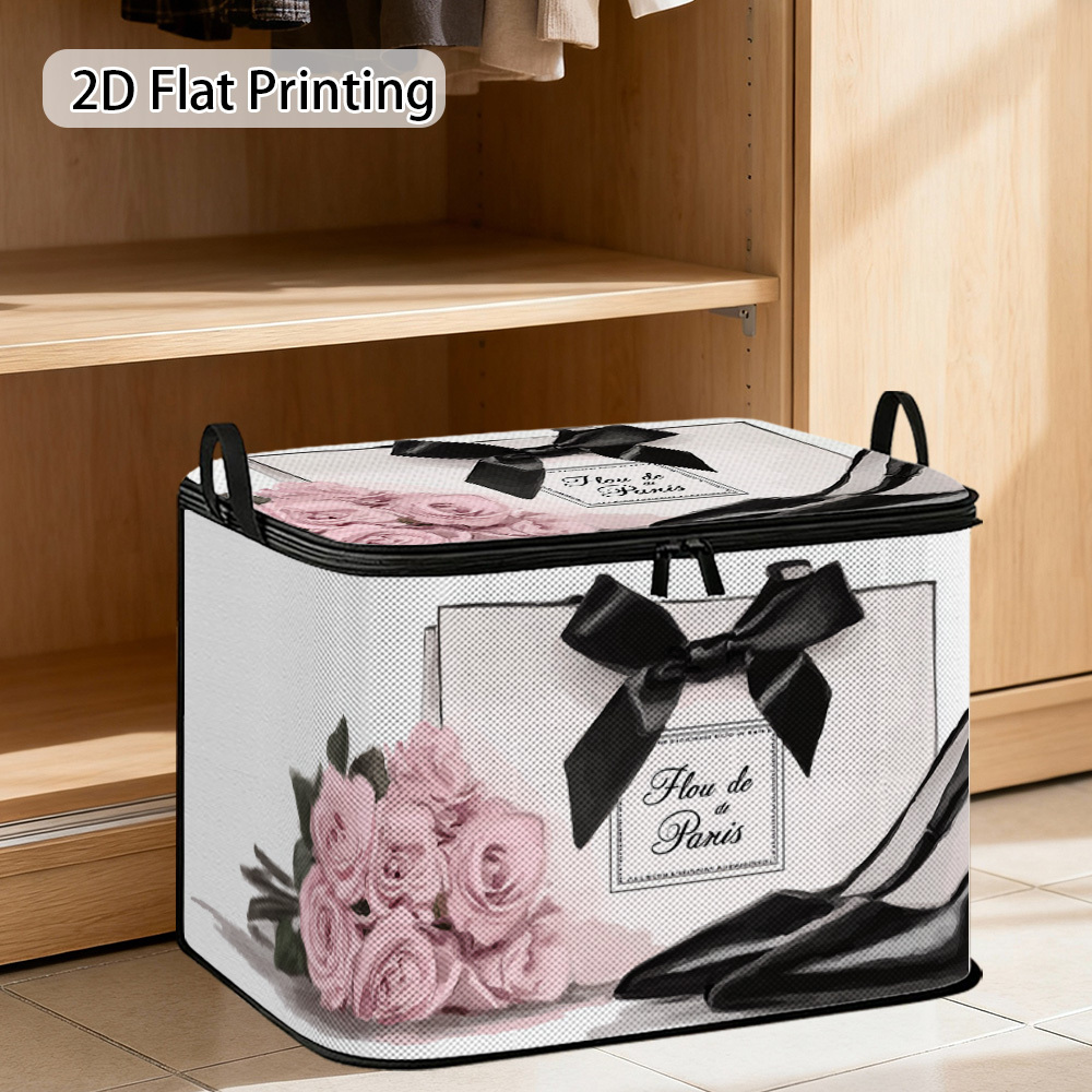 TEMU 1pc 2d Flat Soft Fabric, Pink Roses Paris Foldable Storage Bin With Lid - Sturdy Handle Cube Organizer For Closet Jacket Storage, Home Office