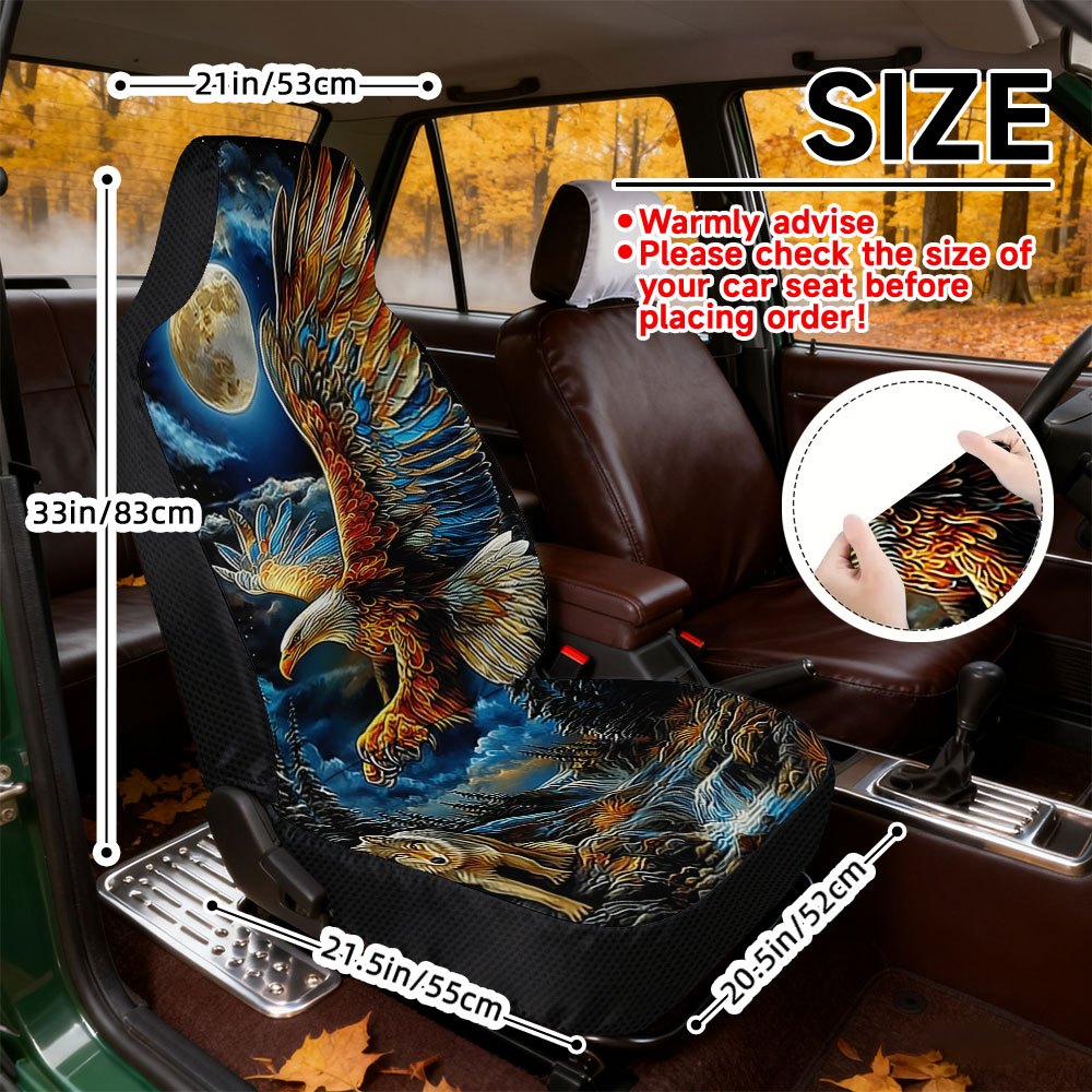 TEMU 2d Flat Printing, 2pcs Eagle In Moonlight Pattern Front Seat Covers, Stylish Auto Accessory Gift For Holidays, Machine Washable For Free Front ,