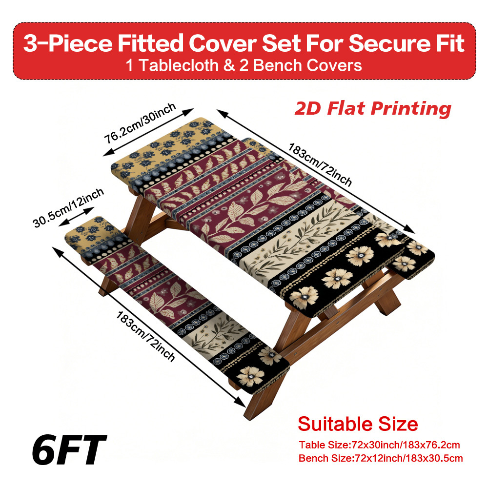 2D Flat A Set of 3 Outdoor Picnic Tables and Benches with Elegant Floral Stripes | Durable Polyester, Elastic Fit, Perfect for Camping, Patios, and Gardens