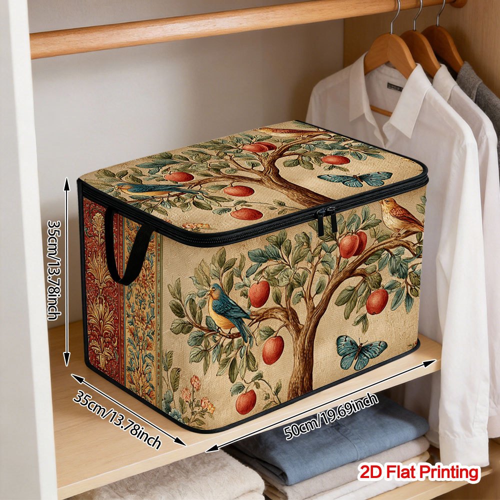 TEMU 1pc Birds & Flowers Tree Collapsible Storage Basket With Zippered Lid - Foldable Oxford Cloth Organizer Suitable For Laundry, Car, Office,