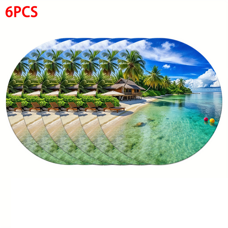 TEMU Lot de 4 ou 6 tapis de table représentant des cocoteraies, des plages sableuses et et un océan , parfaits pour manger, , les fêtes ou la