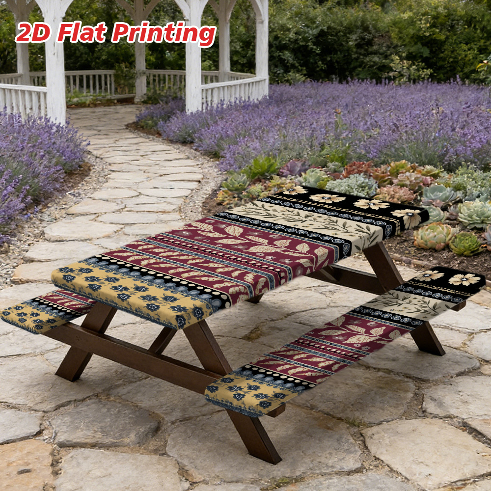 2D Flat A Set of 3 Outdoor Picnic Tables and Benches with Elegant Floral Stripes | Durable Polyester, Elastic Fit, Perfect for Camping, Patios, and Gardens