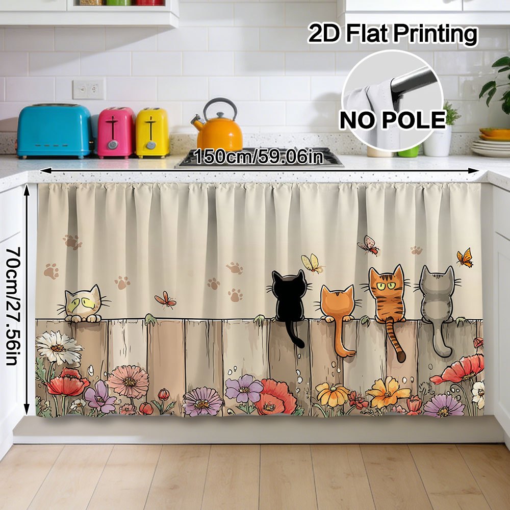 TEMU 2d Flat - 2d Flat - 1pc Curtain And Cabinet Decor, 2d Flat Spring Cats On Fence Printed Patterns, Rod Pocket Detail For -free Setup, Easy To