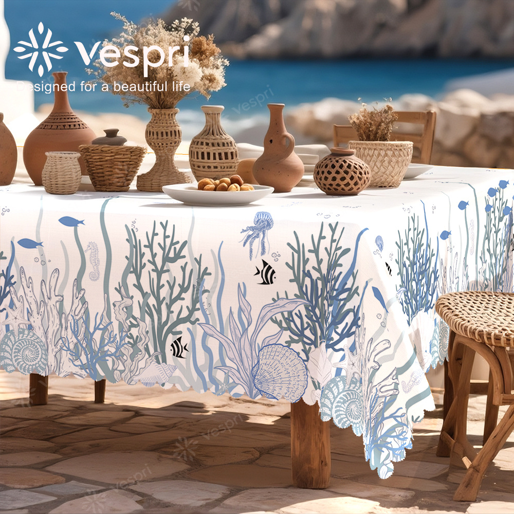 TEMU 1pc Mediterranean Tablecloth, White And Blue Decor, Coral And Small Fish, Seaside Style, Ocean , Rectangular Tablecloth, Suitable For Spring