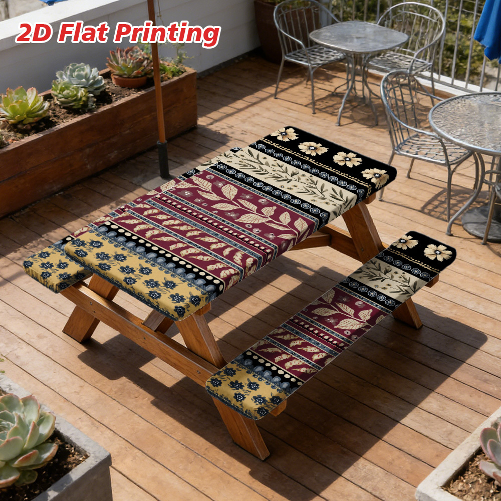 2D Flat A Set of 3 Outdoor Picnic Tables and Benches with Elegant Floral Stripes | Durable Polyester, Elastic Fit, Perfect for Camping, Patios, and Gardens