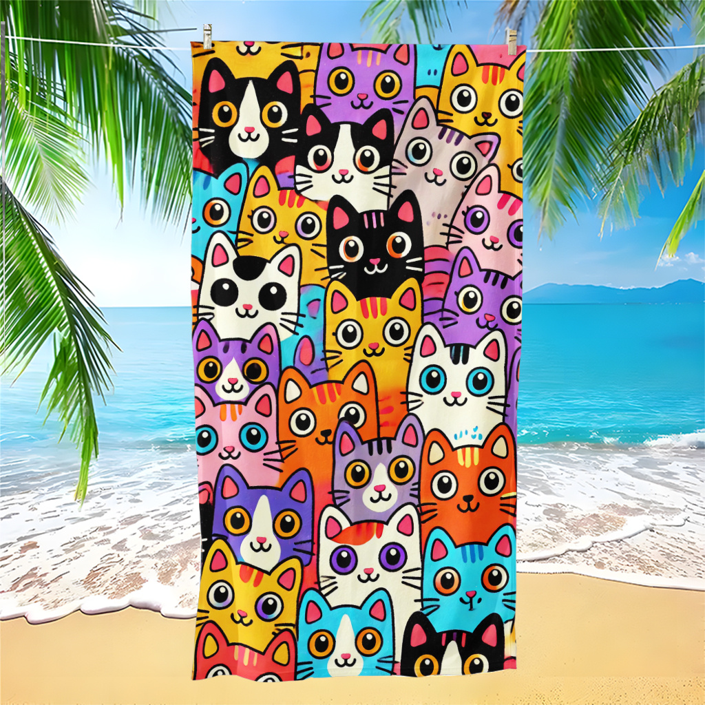 TEMU 1pc Cartoon Colorful Cats Beach Towel | Large Rectangular Microfiber Towel, Sports Sweat Towel, Suitable For Beach Parties, , Yoga, Swimming,