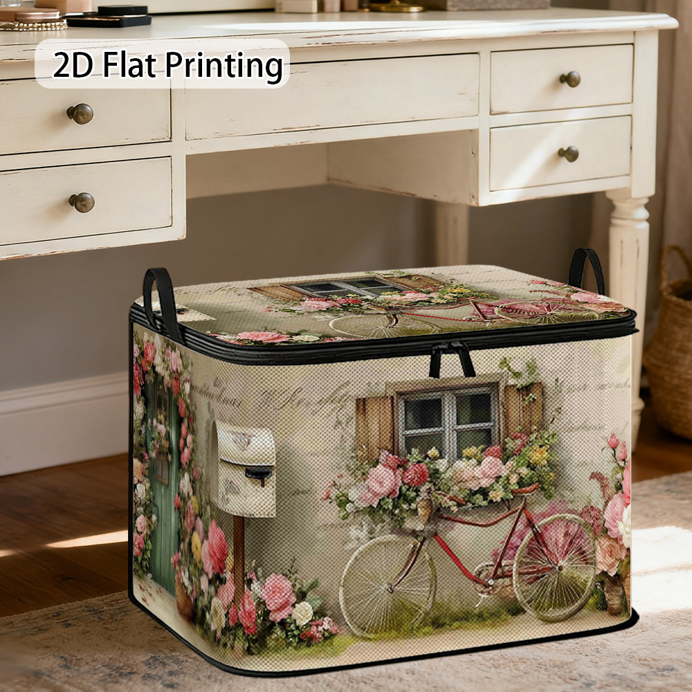 TEMU 1pc 2d Flat Cottage Scene Storage Bin | Soft Fabric, Collapsible, Lid, Multipurpose Basket Organizer With Handle For Home Bedroom
