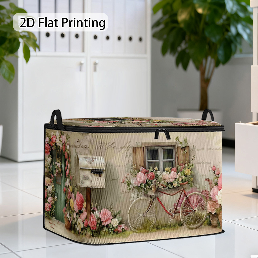 TEMU 1pc 2d Flat Cottage Scene Storage Bin | Soft Fabric, Collapsible, Lid, Multipurpose Basket Organizer With Handle For Home Bedroom