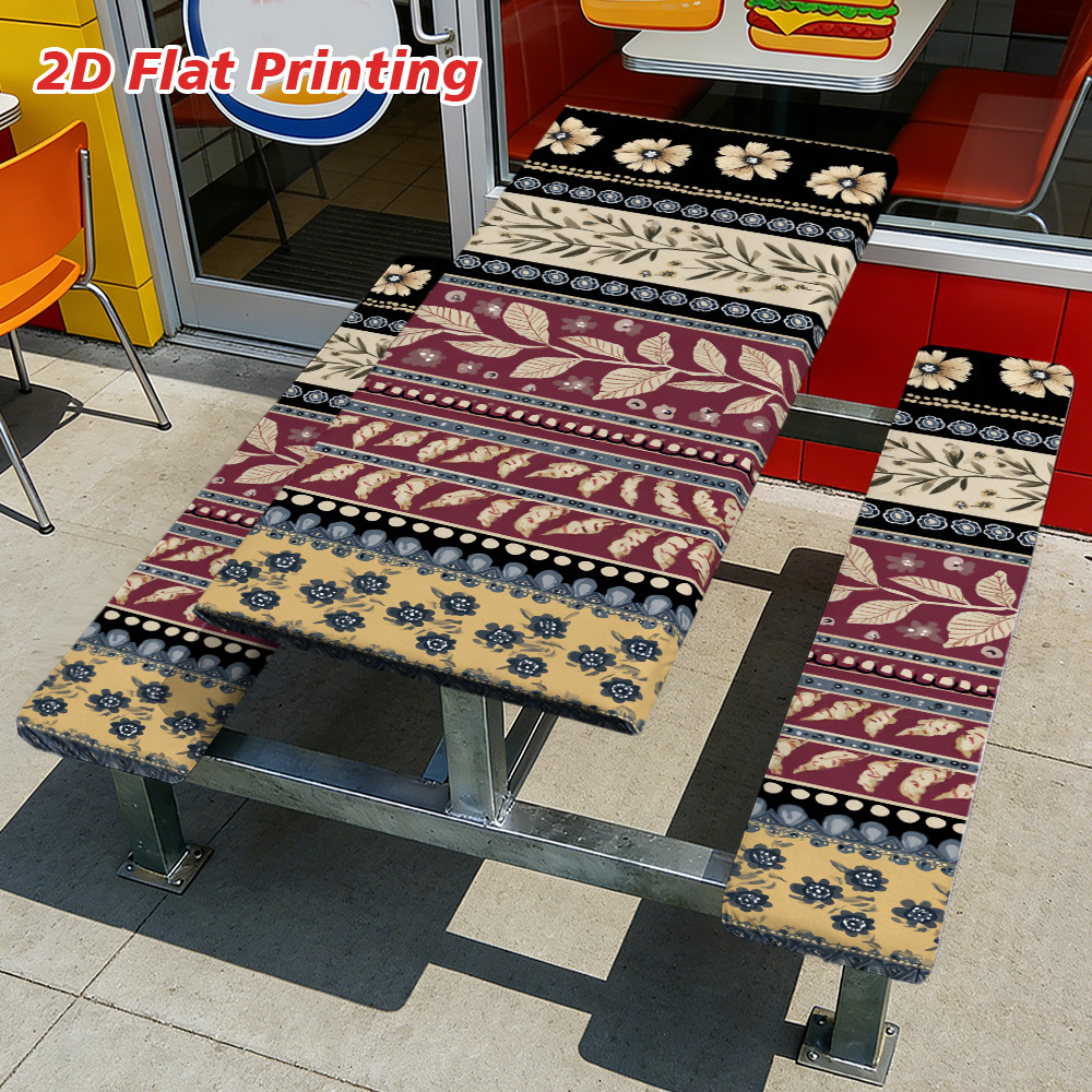 2D Flat A Set of 3 Outdoor Picnic Tables and Benches with Elegant Floral Stripes | Durable Polyester, Elastic Fit, Perfect for Camping, Patios, and Gardens