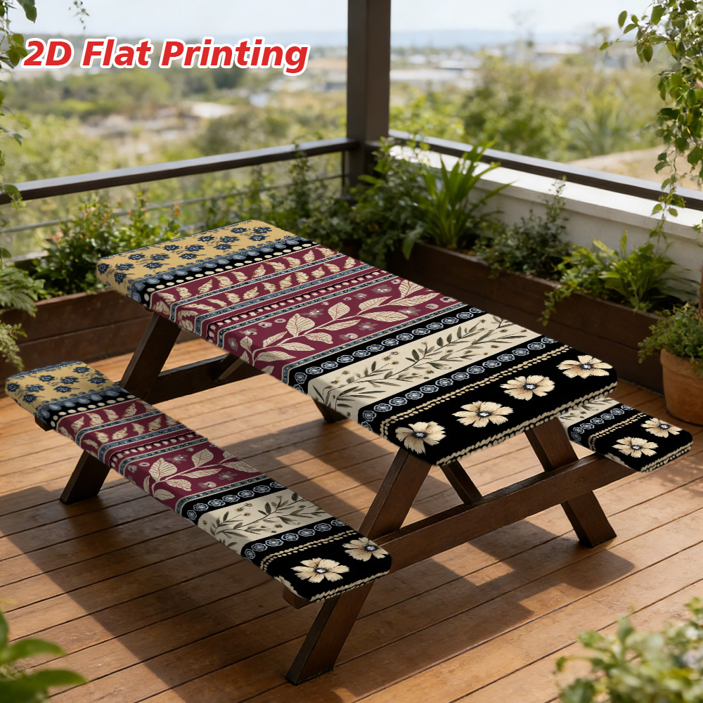 2D Flat A Set of 3 Outdoor Picnic Tables and Benches with Elegant Floral Stripes | Durable Polyester, Elastic Fit, Perfect for Camping, Patios, and Gardens