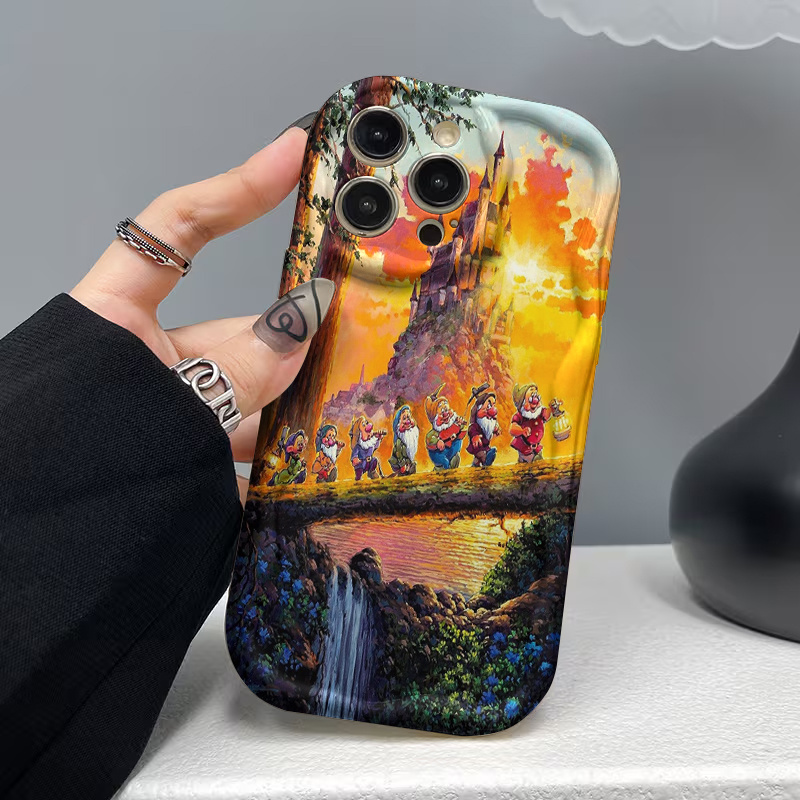 TEMU Phone Case - A White Phone Case With A Wavy Pattern Featuring Dwarfs Carrying Lanterns Walking Along A Forest Path, Set Against A Magnificent