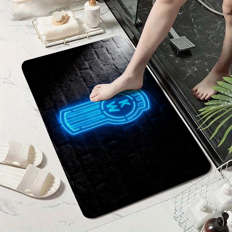 TEMU Blue Neon Kw Sign Bath Mat - Non-slip, Quick Drying, Diatomaceous Earth Material Mat, Rectangular, Suitable For Entrance, Kitchen, Living Room,