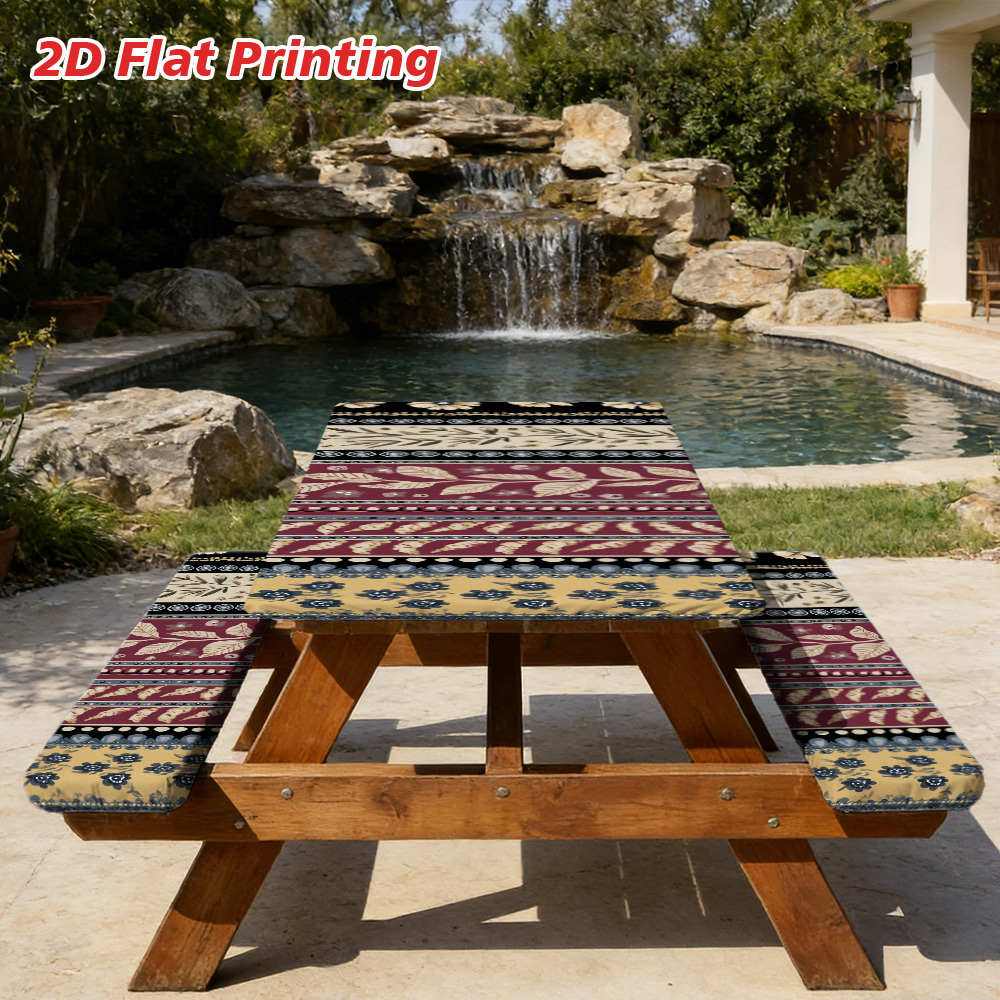 2D Flat A Set of 3 Outdoor Picnic Tables and Benches with Elegant Floral Stripes | Durable Polyester, Elastic Fit, Perfect for Camping, Patios, and Gardens