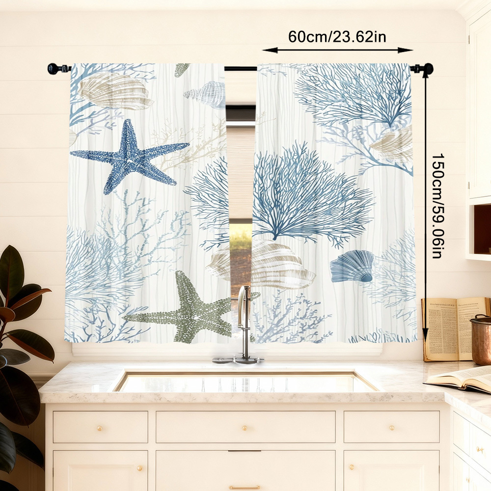 TEMU 2d Flat - 2d Flat - 2pcs 2d Flat Ocean Starfish And Coral Printed Curtain | Elegant Rod Pocket Window For Living Room, Bedroom, Kitchen, Office,
