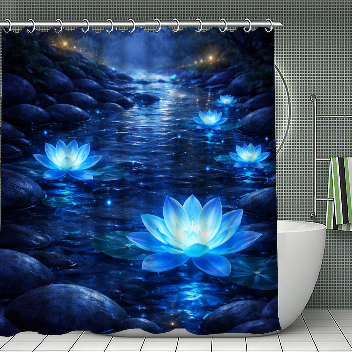 TEMU 1pc Glowing Blue Lotus Stream Shower Curtain, Bathroom Decor, Options (120x180cm, 150x180cm, 180x180cm, 180x200cm, 200x240cm), Includes Hooks,