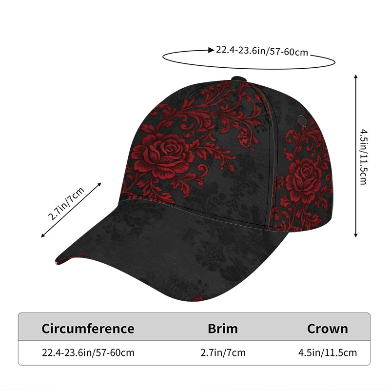 TEMU 1pc Gothic Red Floral Baseball With Adjustable Duckbill Hat - Lightweight Polyester Snap-fit Closure, Gothic Flower Print Suitable For Casual