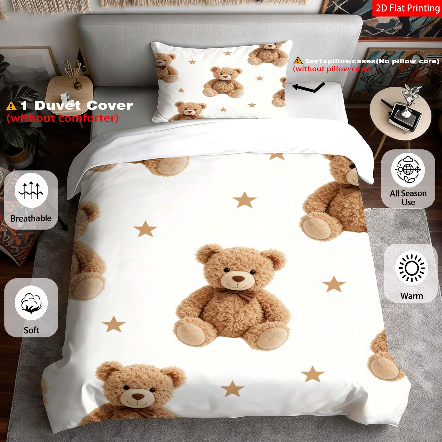 E-shop 2/3-teiliges Teddybär-Bettwäsche-Set | 1 Bettbezug + 1/2 Kissenbezüge, weiches und atmungsaktives Polyester, ideal für Gästezimmer und