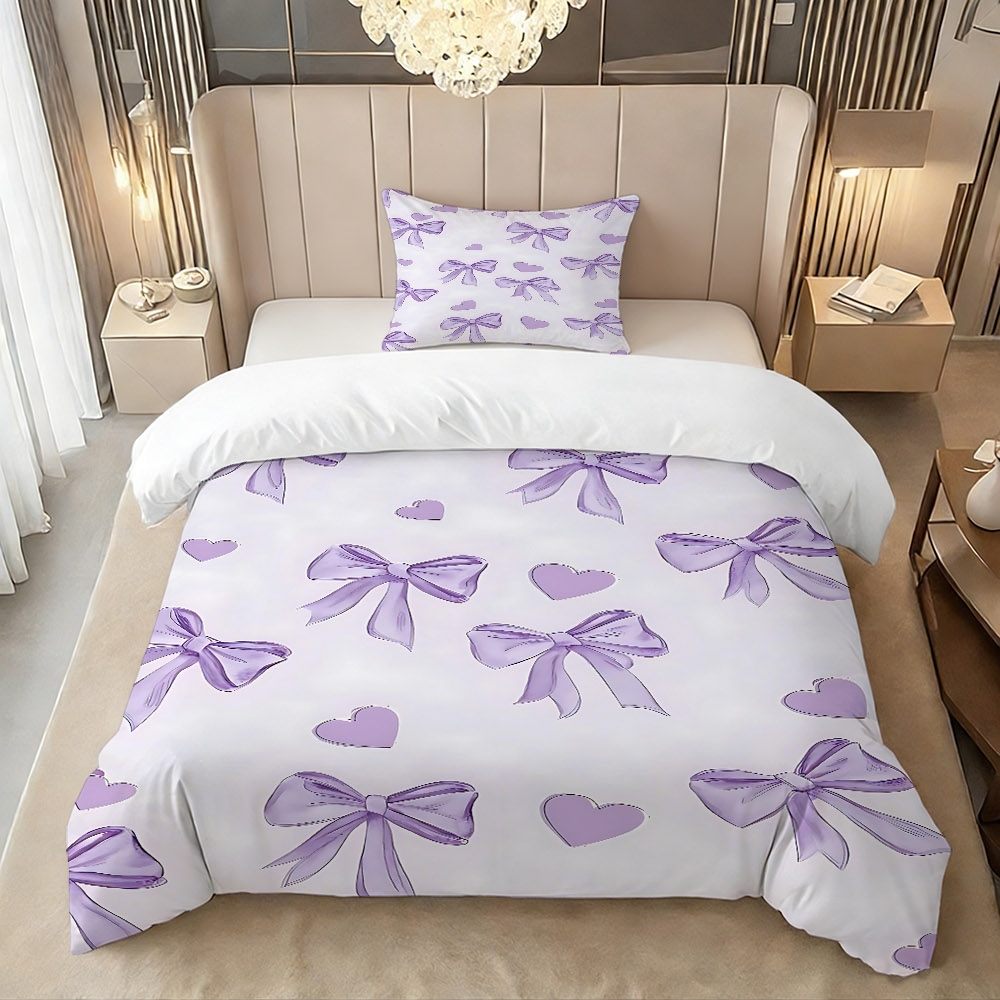 TEMU 2/3pcs Skin-friendly Purple Bow And Heart Background Themed Duvet Cover Set (1 Duvet Cover   1/2 Pillowcases, No Filling), High-definition ,