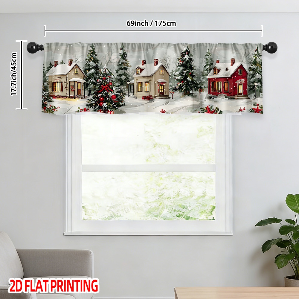 TEMU Rideau Semi-Transparent 2D Plat - de Village de Noël en Neige 2D Plat, 100% Polyester, Ouil pour Tringle, Décoration pour Cuisine, Restaurant,