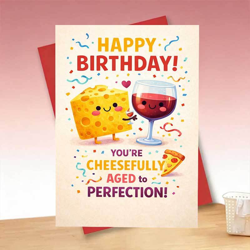 TEMU 1pc Funny Cheese & Wine Pun Card "you're Cheesefully Aged To Perfection" - Suitable For Birthdays, Weddings, Easter, Mother' Day Gifts -