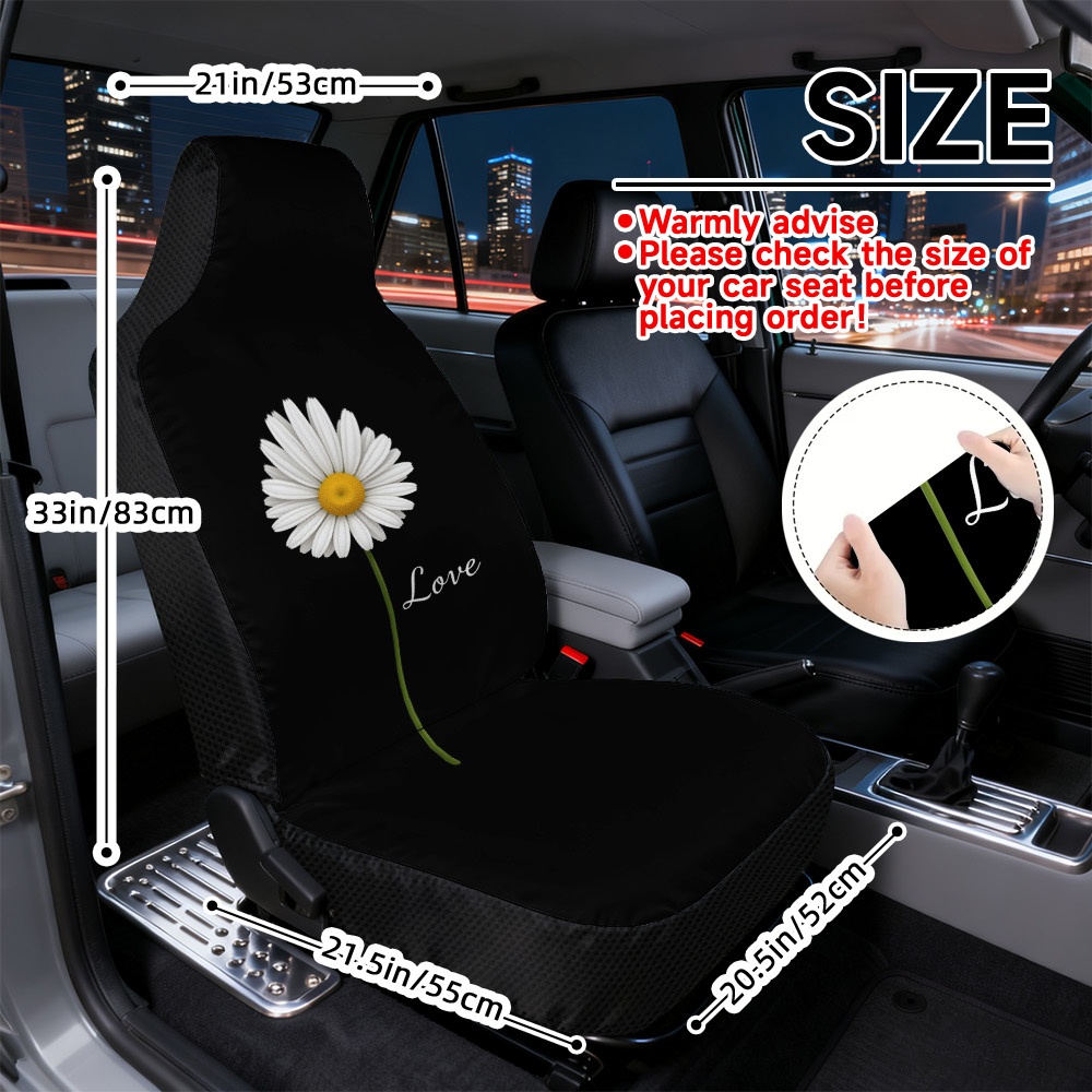 TEMU 2d Flat Printing, 2pcs Universal Vehicle Seat Covers, Durable Car Seat Covers, Comfortable Car Seat Covers, , Machine Washable, Daisy Black