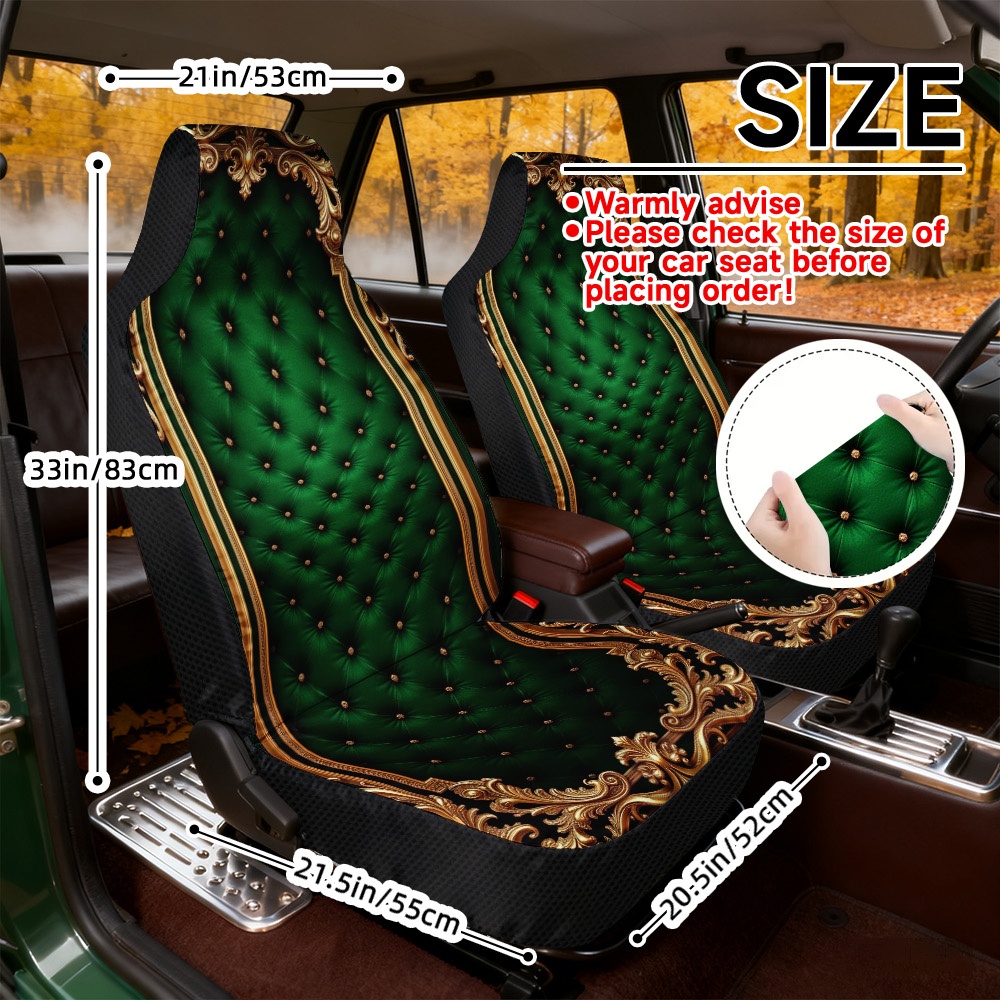 TEMU Set Of 2 Flat Printed Auto Seat Covers, Most Front Seats, Featuring An Elegant Green And Golden Pattern, Soft To The Touch, Machine Washable,