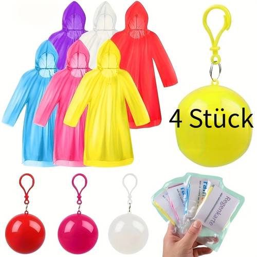 4 stück tragbare notfall-regenponchos, regenkugeln und regenkarten, ungeladen, gemischte farben, hergestellt aus pp-material, mit schlüsselanhänger-kugeln, für outdoor-aktivitäten, wandern, angeln und camping, must-have für weihnachten - farbe zufällig