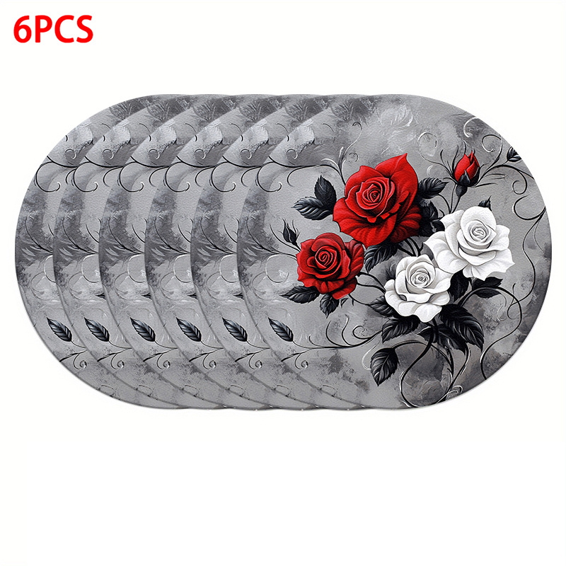 Image of 4/6pcs Red And White Roses With Curly Leaf Patterns 2d Flat Printing Placemats For Dining Room, Kitchen, Or Bar, 2d Flat